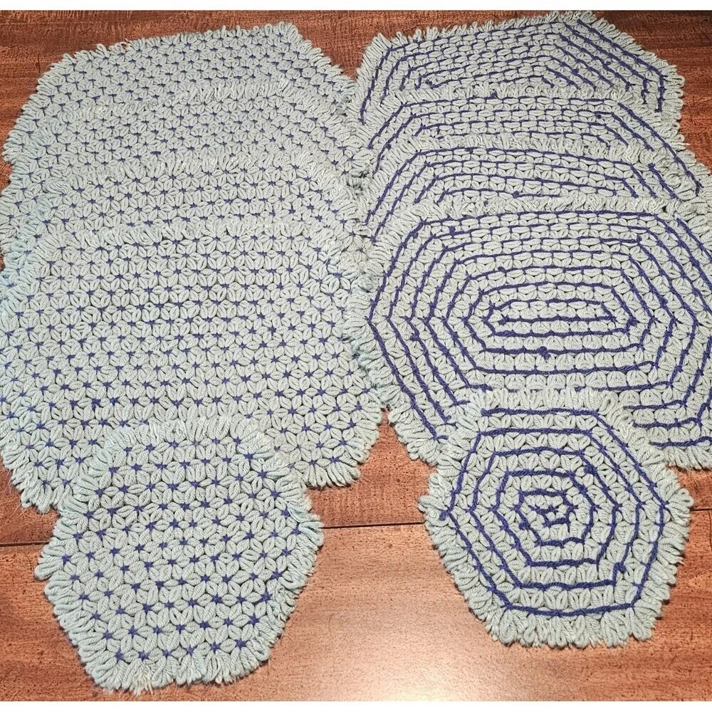Handmade Crocheted Star 8 Placemats 2 Hot Pads Light Blue Cottage Core Kitchen